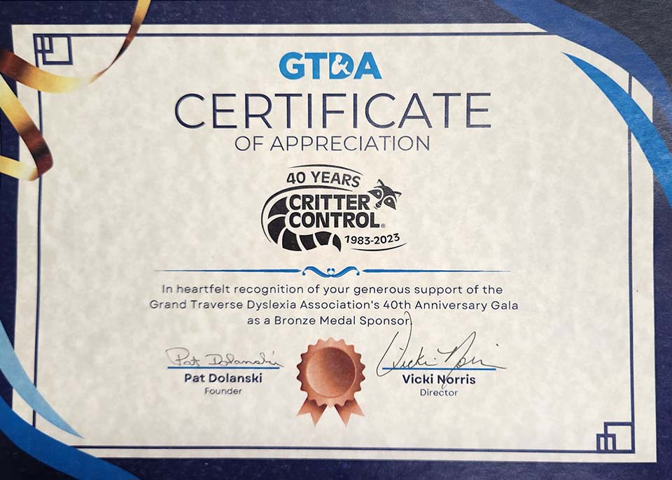 GTDA certificate of appreciation. In a heartfelt recognition of your generous support of the Grand Traverse Dyslexia Association's 40th Anniversary Gala as a Bronze Medal Sponsor.